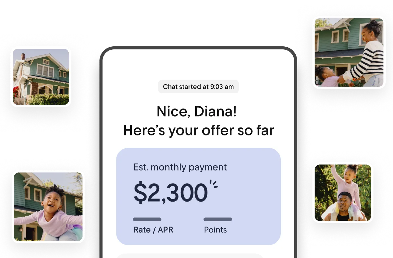 Mockup of a mobile chat screen showing a mortgage offer that reads, “Nice, Diana! Here’s your offer so far,” with an estimated monthly payment of $2,300, alongside small photos of a family surrounding the screen.