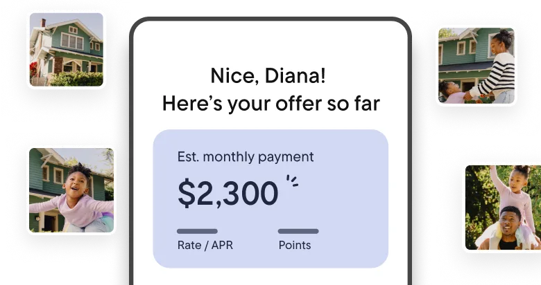 Mockup of a mobile chat screen showing a mortgage offer that reads, “Nice, Diana! Here’s your offer so far,” with an estimated monthly payment of $2,300, alongside small photos of a family surrounding the screen.